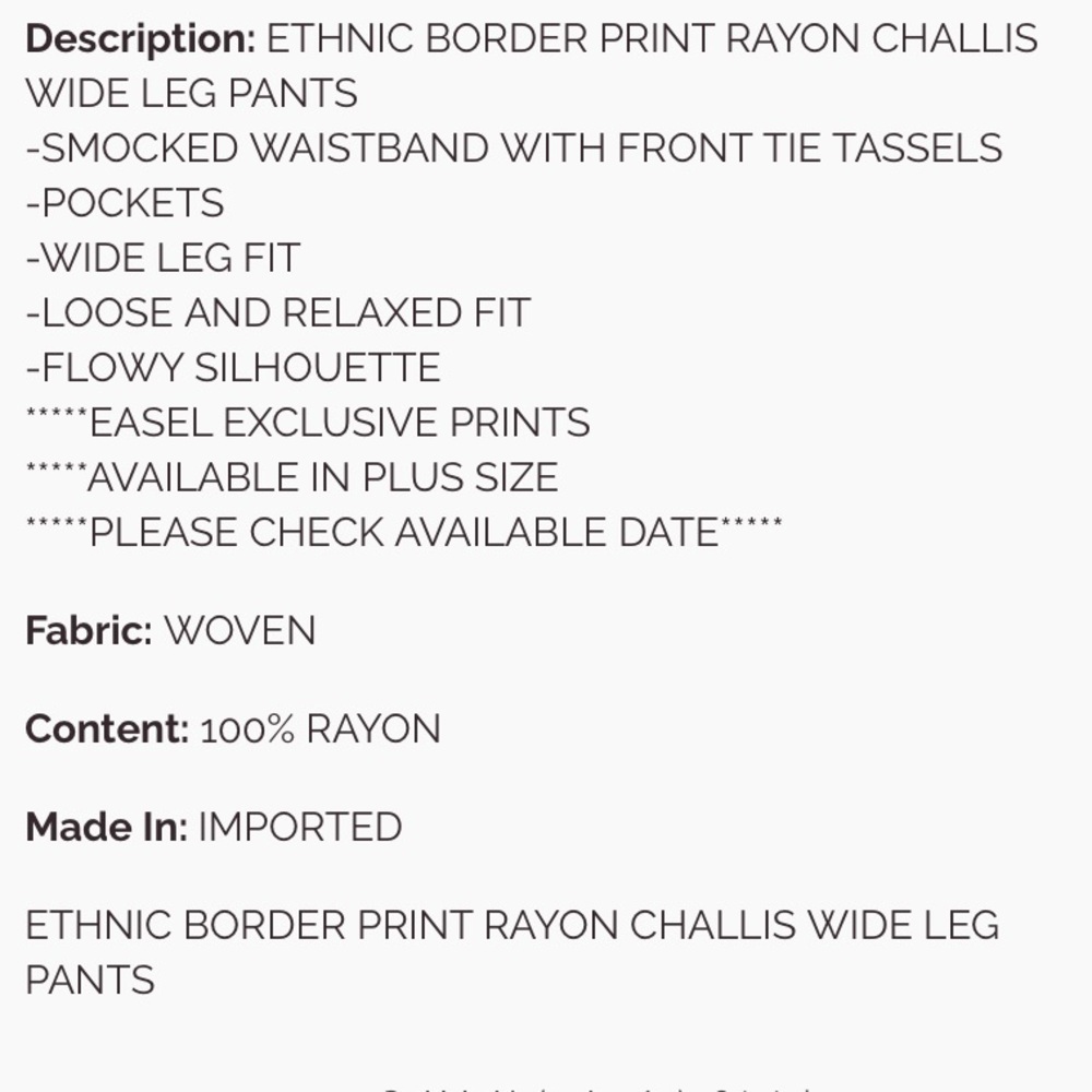 852 🌻 1 left EASEL ETHNIC BORDER PRINT RAYON CHALLIS WIDE LEG PANTS - Picture 4 of 4